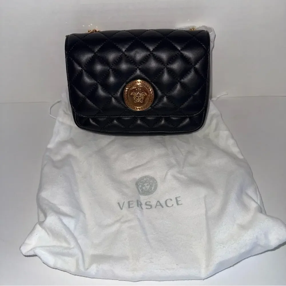 NWT VERSACE Medusa luxury black calfskin quilted gold hardware mini shoulder bag